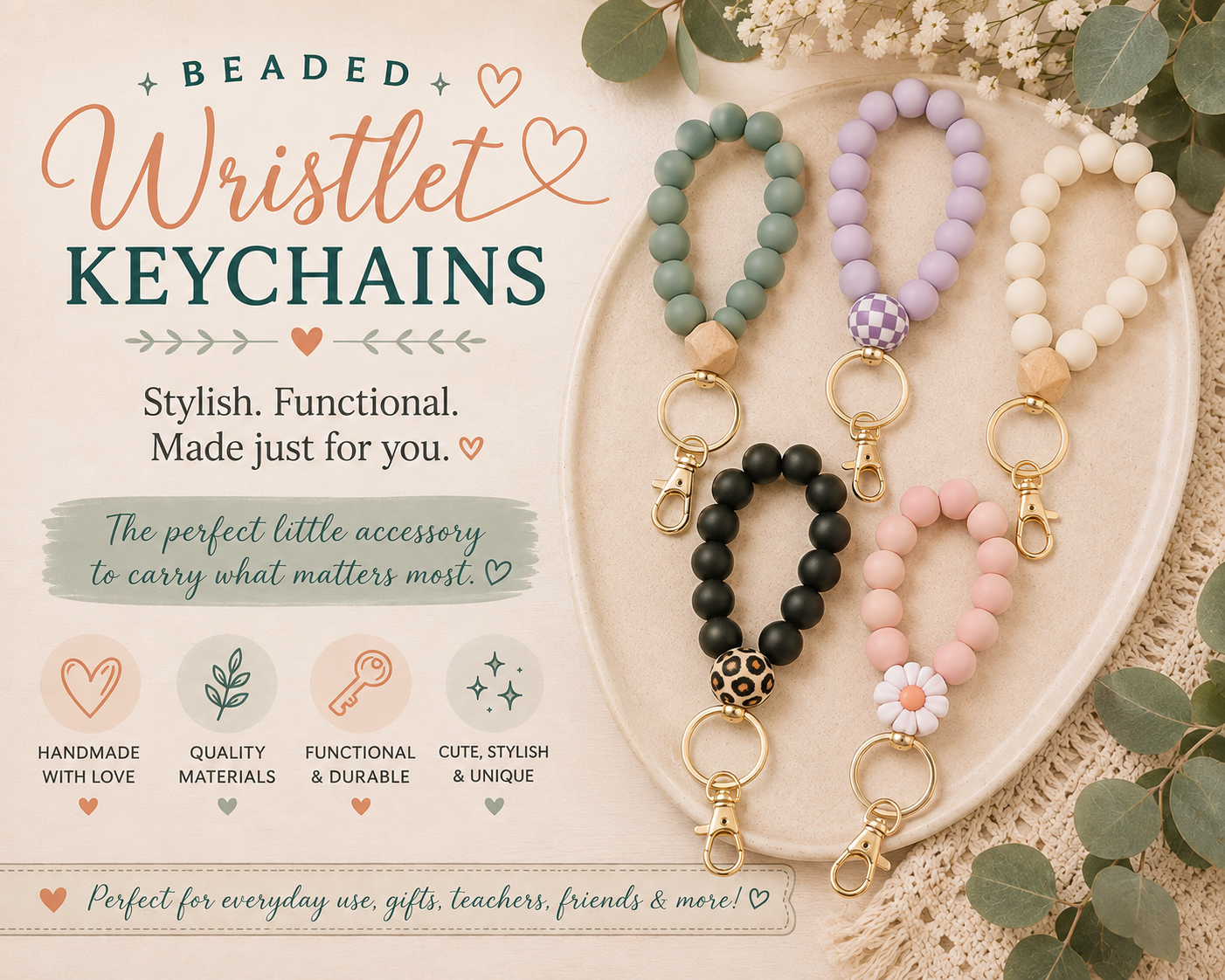 Handmade beaded wristlet keychains in pastel and neutral colors