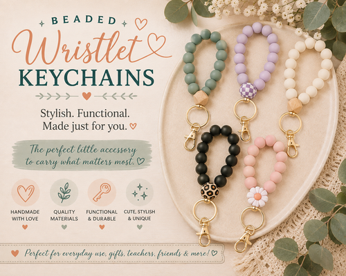 Handmade beaded wristlet keychains in pastel and neutral colors