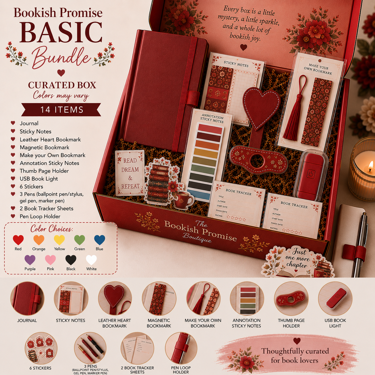 Bookish Promise BASIC Bundle curated box with 14 items and color choices