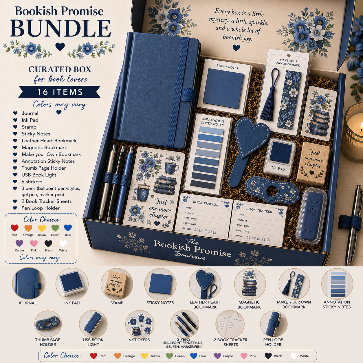 Bookish Promise Bundle blue themed curated box with 16 items and color choices