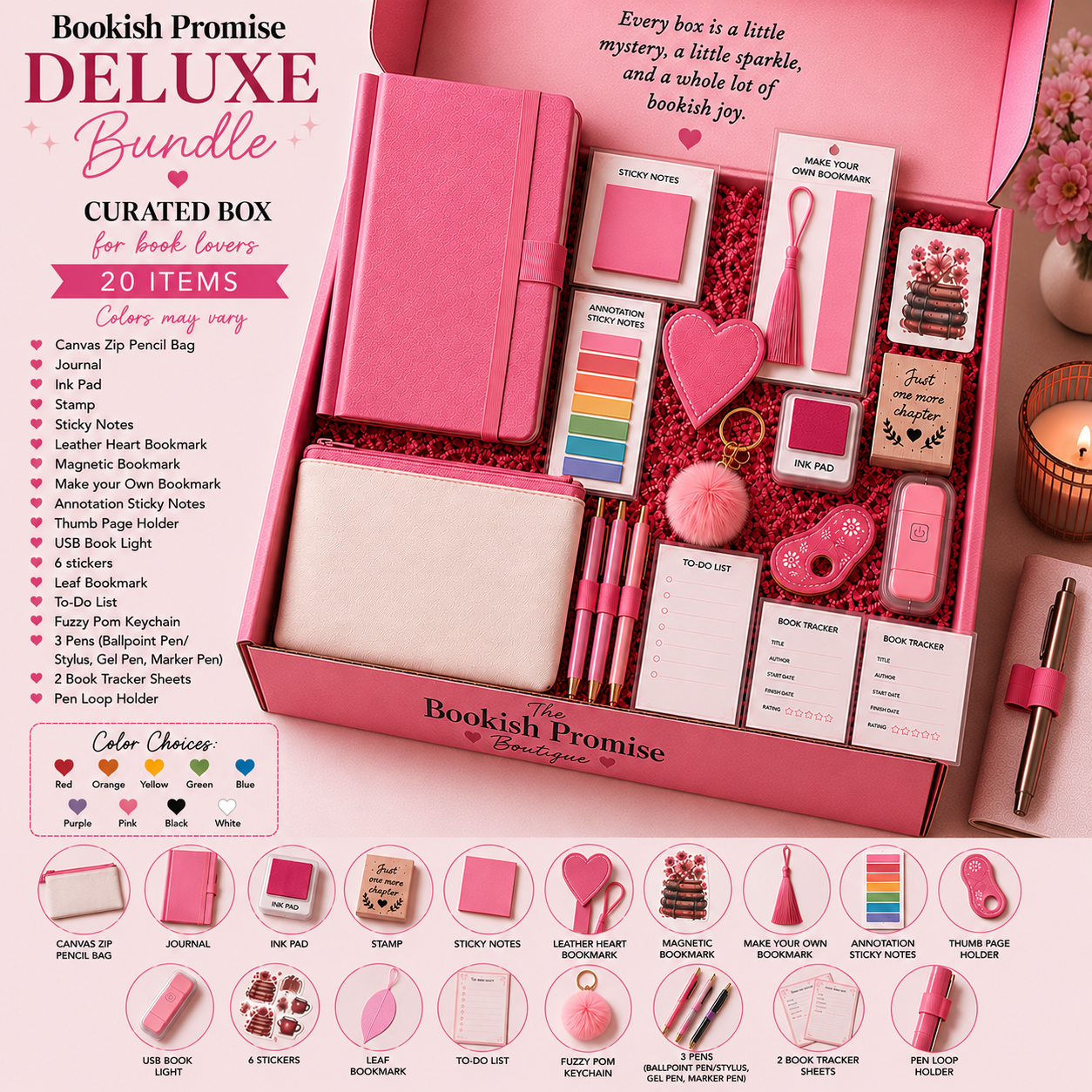 Bookish Promise DELUXE Bundle pink curated box with 20 items and color choices